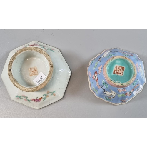 53 - Two Chinese polychrome pedestal small sweetmeat dishes, both decorated with cranes and flowers, late... 