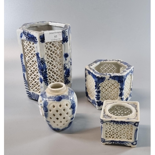 57 - Mixed group of Japanese porcelain reticulated blue and white vases of hexagonal, baluster and square... 