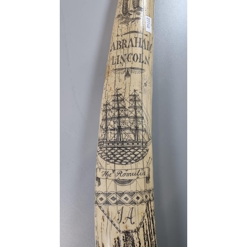 61 - Reproduction resin whale tooth scrimshaw carved with Abraham Lincoln, The Romulus etc.   (B.P. 21% +... 