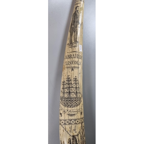 61 - Reproduction resin whale tooth scrimshaw carved with Abraham Lincoln, The Romulus etc.   (B.P. 21% +... 