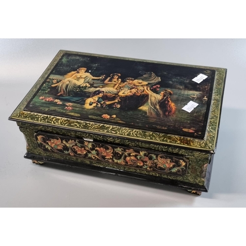 62 - Lacquered jewellery box, the lid decorated with 'Le Sommell'.  (B.P. 21% + VAT)