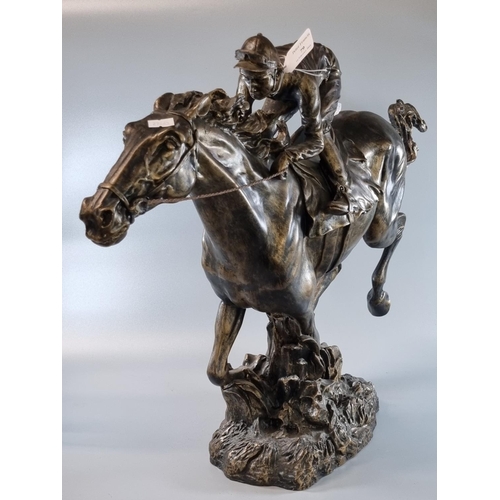 79 - Modern bronzed hollow study of a horse and jockey on naturalistic base.  50cm high approx.  (B.P. 21... 