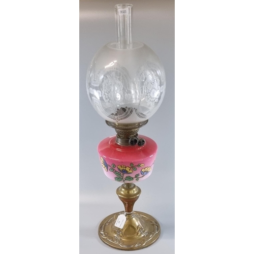 82 - Early 20th century double oil burner lamp having frosted and clear glass globular etched foliate sha... 