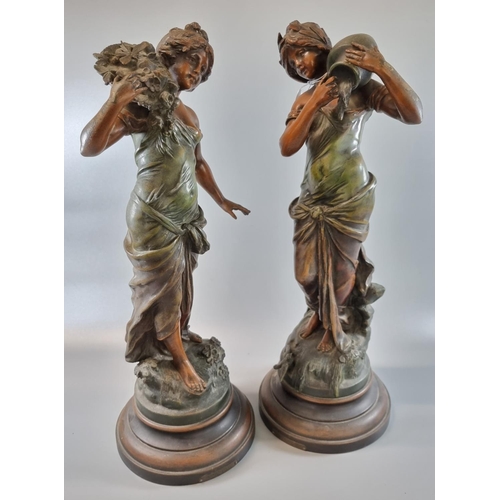 84 - Pair of early 20th century French spelter emblematic figurines, 'Ar La Sourue' and 'Sentier Fleuri' ... 