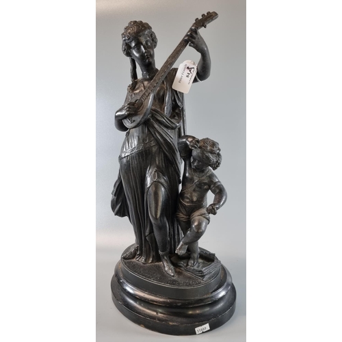 84A - Early 20th century French spelter emblematic figure group of  a lady in robes playing a mandolin wit... 