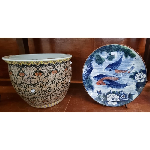 89 - Modern Chinese design porcelain fish tank bowl together with a Japanese porcelain charger depicting ... 