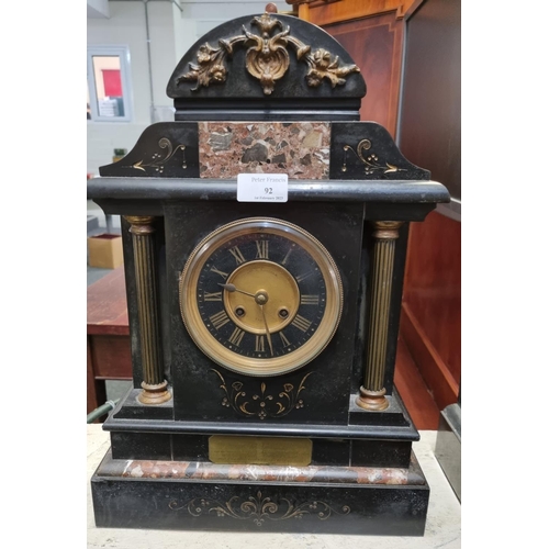 92 - Late 19th/early 20th century black slate and coloured marble architectural two train mantle clock wi... 