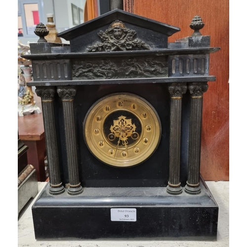 93 - Late Victorian slate architectural two train mantle clock having gilded face.  (B.P. 21% + VAT)