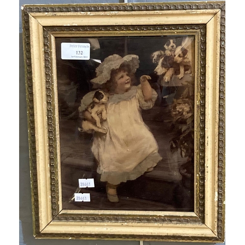 132 - Early 20th century convex glass chrystoleum.   Little girl with puppies.  23x19cm approx.  Framed.  ... 