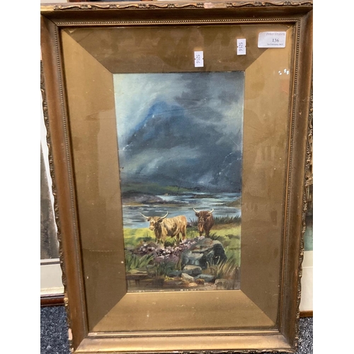 136 - British school (early 20th century), Highland cattle in a loch-side landscape, oils on board.  35x19... 