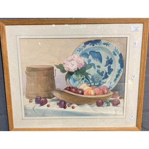 138 - K L (20th century), still life study of blue and white delft plate with bowl of fruit, signed with m... 