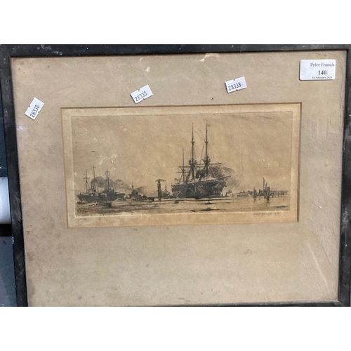 140 - Attributed to William Wyllie, 'HMS Ganges 1915', uncoloured etching titled in pencil.  11.25x24cm ap... 