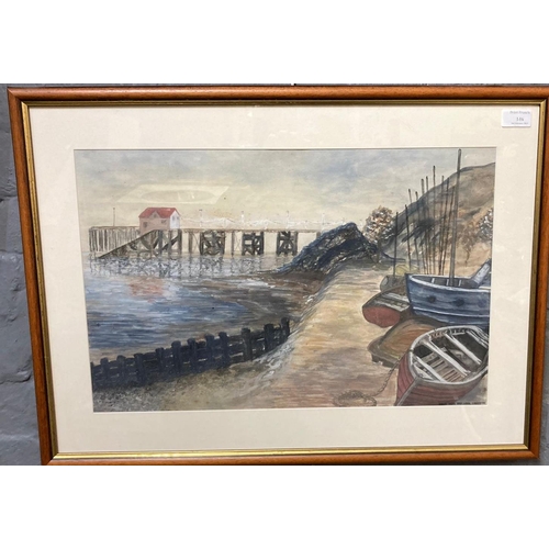 146 - Jane Elizabeth Simpson, coastal scene with lifeboat station, possibly Mumbles.  Watercolours.  35x54... 