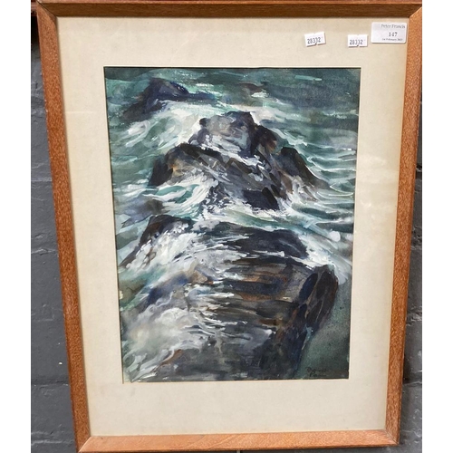 147 - Donald Pass (mid 20th century Welsh), 'Rocks and Sea Tenby, 1968'.  Signed, watercolours.  38x27cm a... 