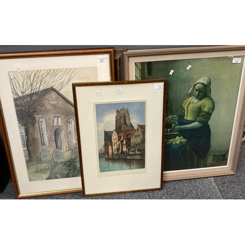 148 - Group of assorted furnishing pictures: watercolours, tapestry, Old Master print etc.  Framed.  (5)  ... 