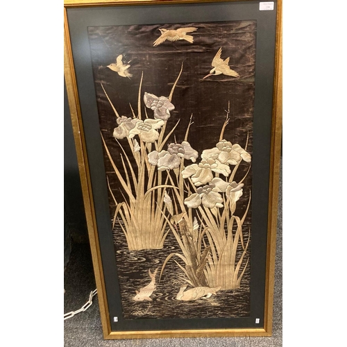 150 - Japanese silk embroidered panel, poolside irises, birds and carp.  105x48cm approx.  Framed.  (B.P. ... 