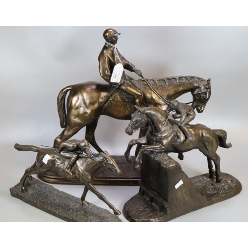 202 - Collection of modern bronzed sculptures of horses and jockeys, one jumping a fence.  (3)   (B.P. 21%... 