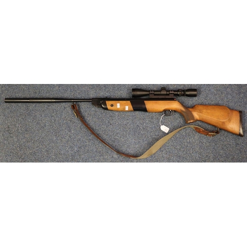 210 - Break action Weihrauch .22 air rifle, model HW80K, having telescopic sight, moderator and leather an... 