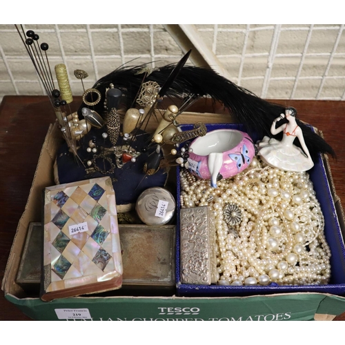 219 - Tray of assorted items, to include: large collection of hatpins and hatpin cushion, mother of pearl ... 