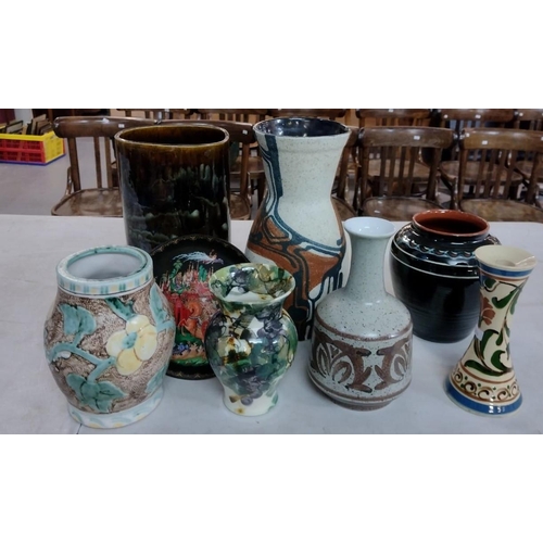 465 - Collection of art pottery to include: Bourne Denby stoneware relief decorated floral and foliate vas... 