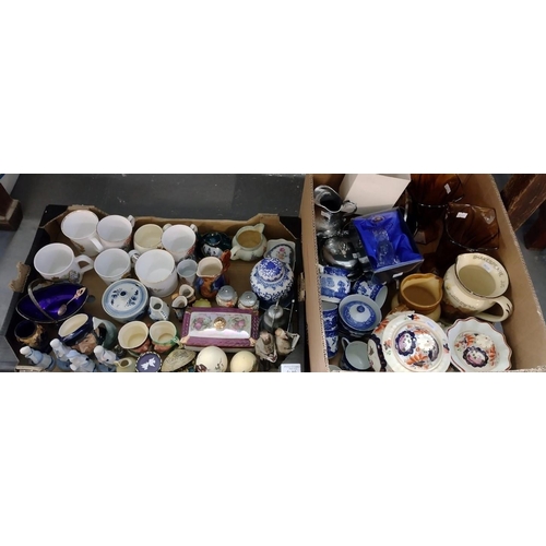 466 - Three boxes of mostly china to include: blue and white Adderley ware 'Old Willow' teaware, Royal Dou... 