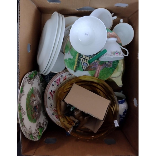 466 - Three boxes of mostly china to include: blue and white Adderley ware 'Old Willow' teaware, Royal Dou... 