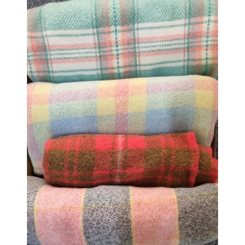 109 - Box of vintage woollen multi-colour check blankets or carthen; one with 'Real Welsh, hand made' labe... 