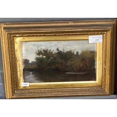 155 - British school (19th Century), tranquil arboreal river scene, oils on panel. 12.5 x 22cm approx. Tog... 