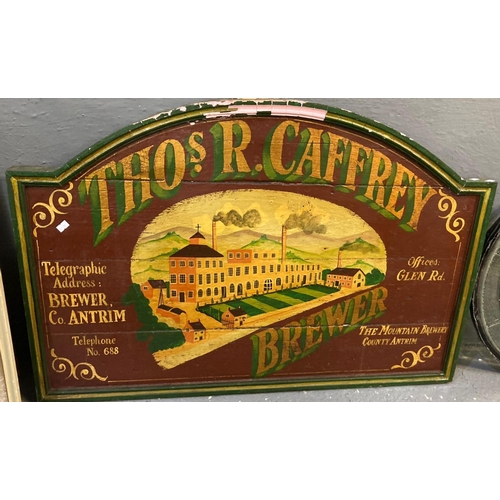 160 - Reproduction vintage style wooden sign 'Thos. R. Caffrey, The Mountain Brewery, County Antrim'. 62 x... 