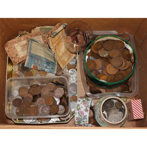 222 - Box of assorted GB and Foreign coinage, mainly copper, German banknotes in poor condition etc.  (B.P... 