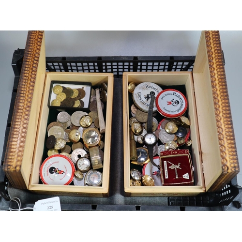 225 - Two wooden boxes containing assorted items, to include: Oris men's watch, silver watch with leather ... 