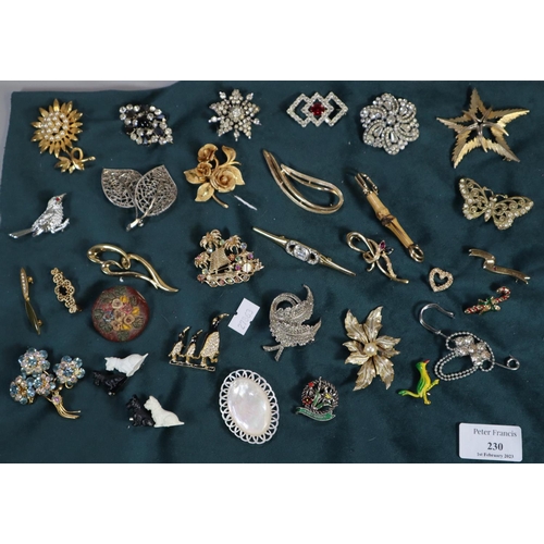 230 - Collection of vintage and other brooches: mother of pearl, scotty dogs, ship, palm trees etc.  (B.P.... 