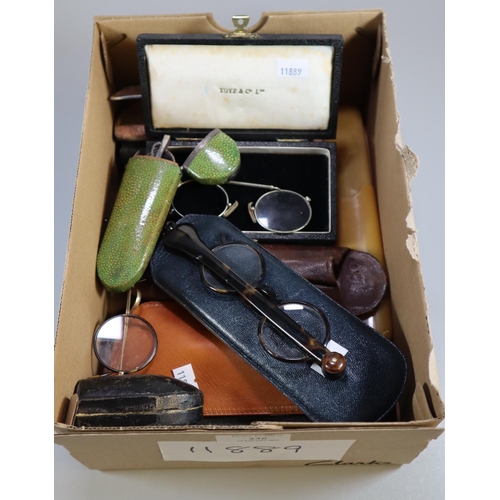 236 - Collection of vintage cased spectacles, one in a Bakelite case with cameo type brooch mount, a Shagr... 