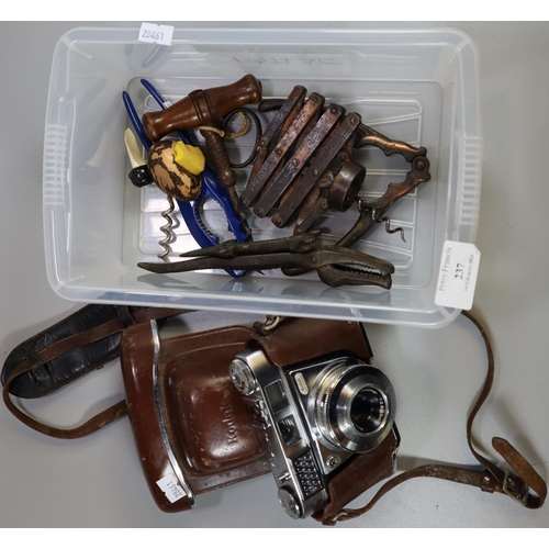 237 - Plastic box of oddments, to include: Kodak vintage camera, corkscrews, including: J Heeley & Son, cr... 