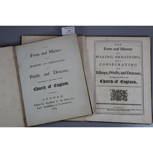 238 - Two antiquarian leather bound ecclesiastical books; 'The Form and Manner of Making and ordaining of ... 