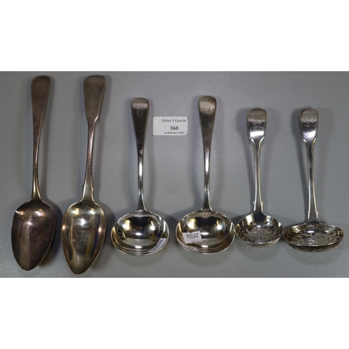 360 - Collection of 19th century and other silver spoons and ladles.  11 troy ozs. approx.  (B.P. 21% + VA... 