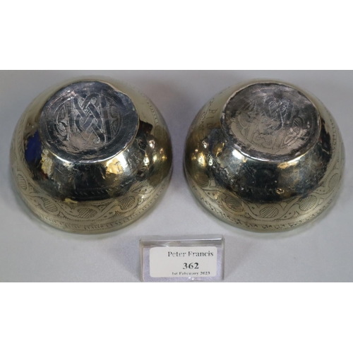 362 - Pair of white metal Middle Eastern or Persian design bowls.  4.3 troy ozs. approx.  (B.P. 21% + VAT)