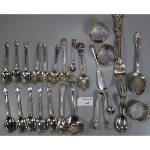 363 - Bag of assorted silver, to include: spoons, napkin rings, tea caddy etc.  15 troy ozs. approx.  (B.P... 