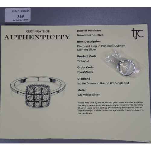 369 - Modern diamond ring in platinum overlay sterling silver.  With COA.  (B.P. 21% + VAT)