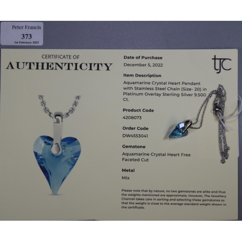 373 - Modern aquamarine crystal heart pendant with stainless steel chain (size 20) in platinum overlay ste... 