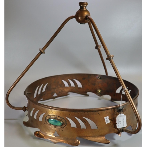 376 - Art Nouveau Liberty style copper ceiling light fitting with pierced decoration and turquoise Ruskin ... 