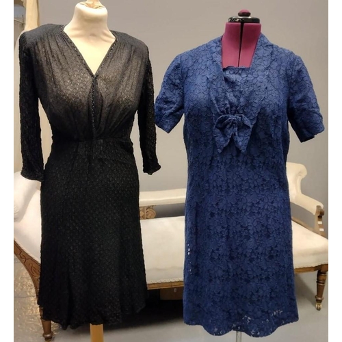 493 - Six vintage 20's-40's dresses: a black crepe with lace short sleeves and shoulders and belt, one in ... 