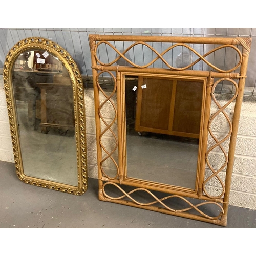 498 - Bamboo framed mirror, together with a modern dome top bevel plate, pierced and gilded framed mirror.... 