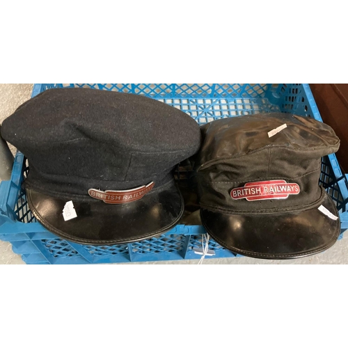 527 - Two British Railway drivers hats, both with original cap badges, dry and wet weather use. 
(B.P. 21%... 