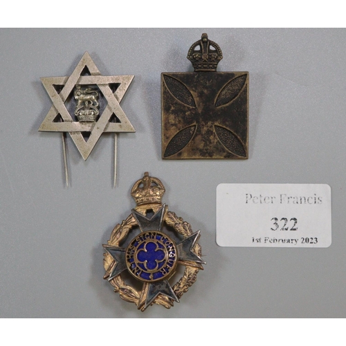 322 - Two Army Chaplains cap badges and a Star of David with lion and crown cap badge. (3)
(B.P. 21% + VAT... 