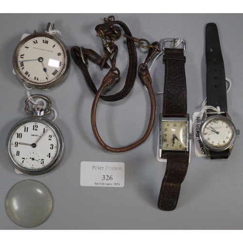 326 - Group of assorted watches to include: rectangular steel gent's wristwatch on leather strap, two whit... 