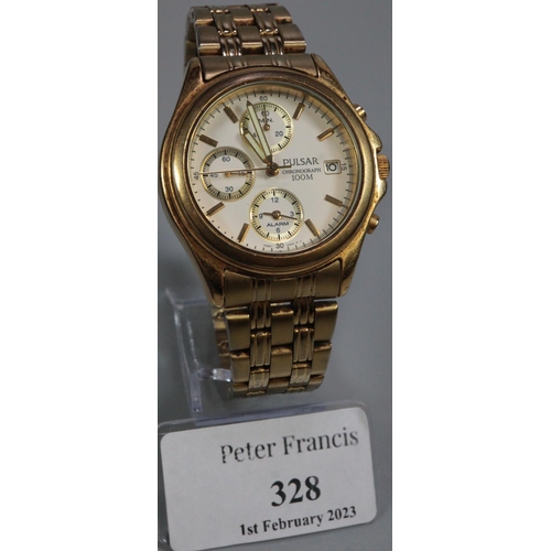 328 - Pulsar quartz chronograph gent's wristwatch on metal bracelet. Original box. 
(B.P. 21% + VAT)