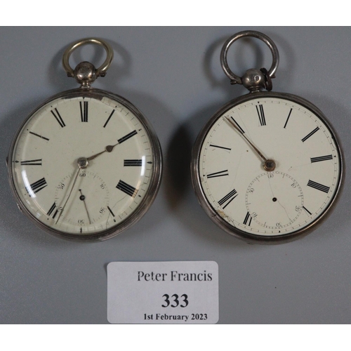 333 - 19th Century silver key wind open faced fusee pocket watch, together with another similar silver ope... 