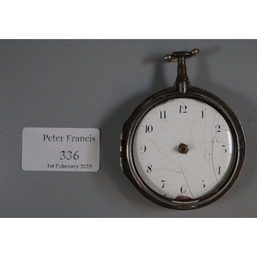 336 - Silver pair cased fusee pocket watch, having enamelled Arabic face, lacking part of its outer case. ... 