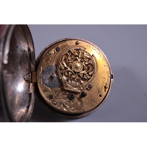 336 - Silver pair cased fusee pocket watch, having enamelled Arabic face, lacking part of its outer case. ... 